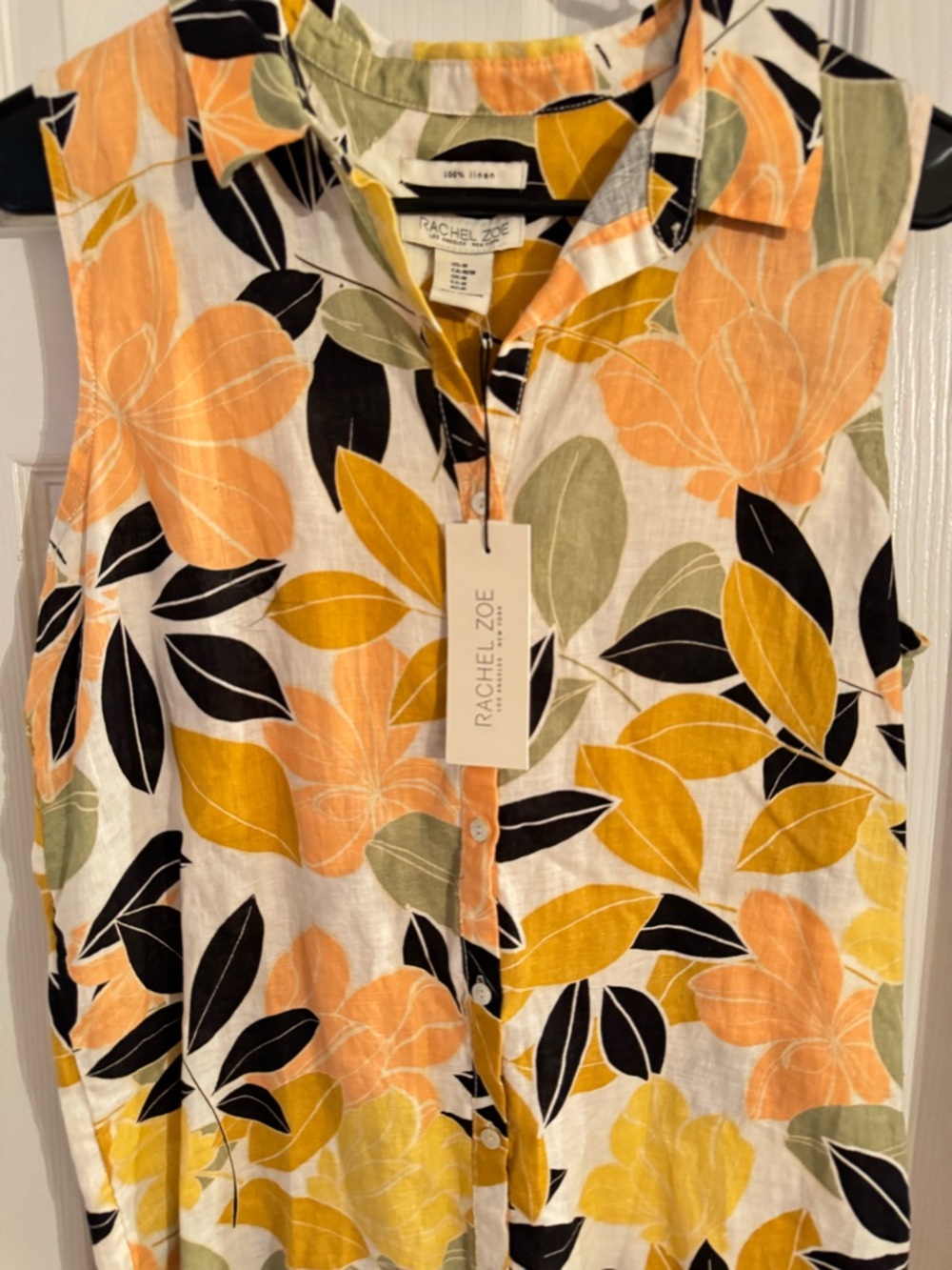 Rachel Zoe Peach, Mustard & Black Floral Linen Sleeveless Button Dress Size M
